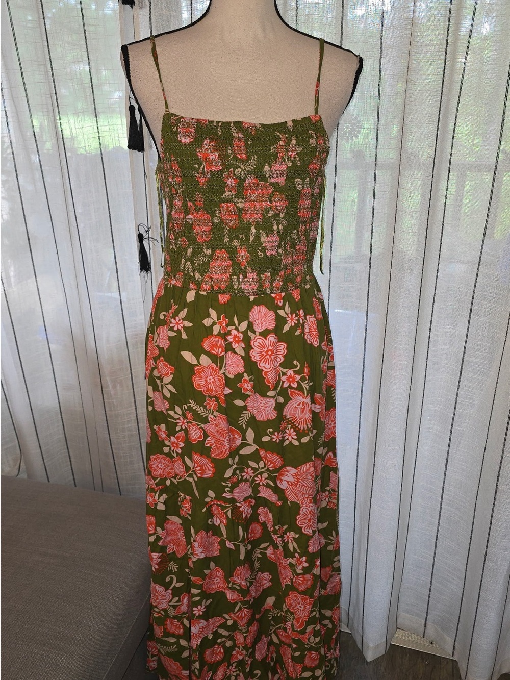 Patrons of Peace Olive Maxi Dress with Coral Pink Floral